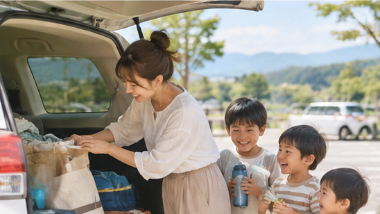 3児育児で車に子どもの荷物を積む母親